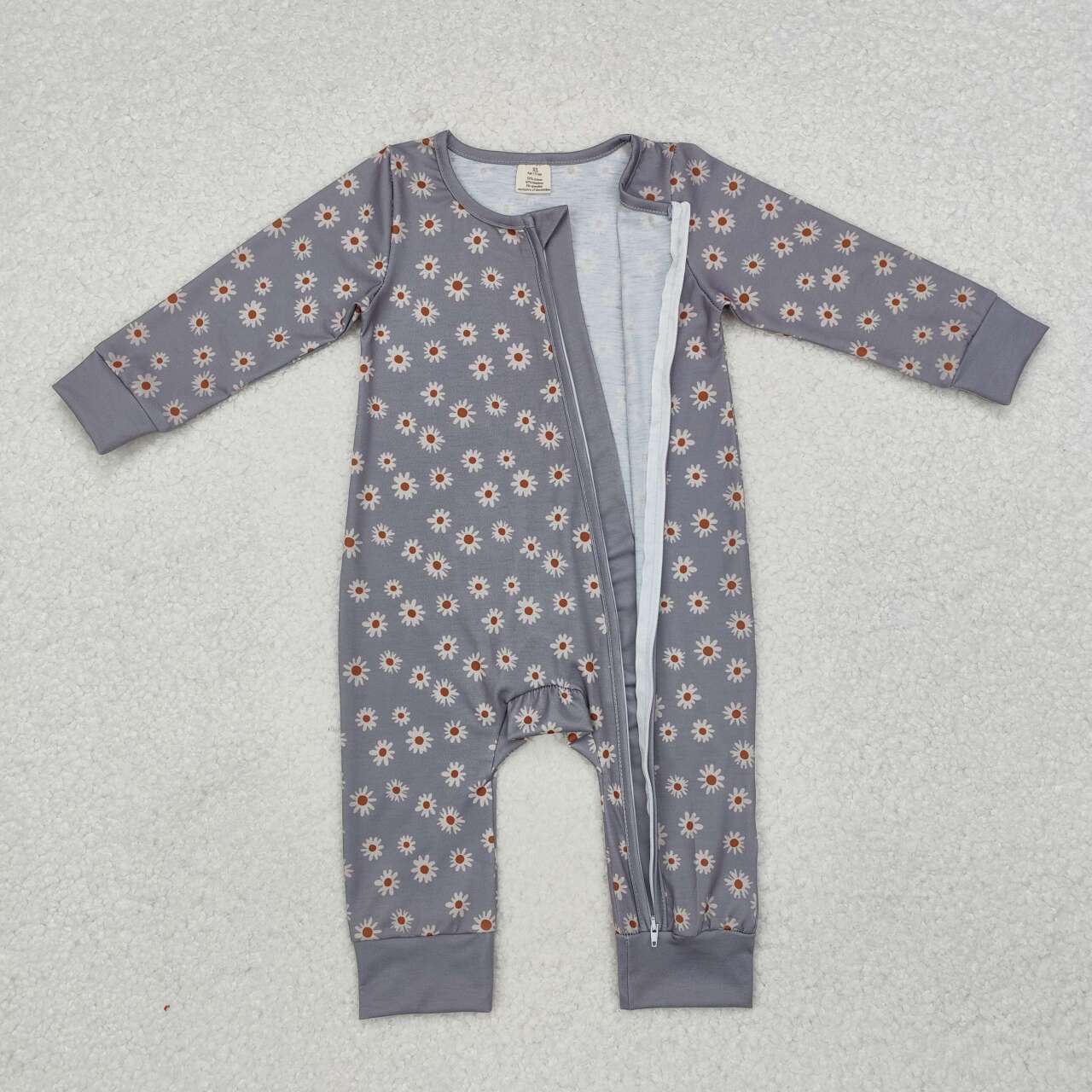 Flower print toddle girls grey long sleeve bamboo zip romper