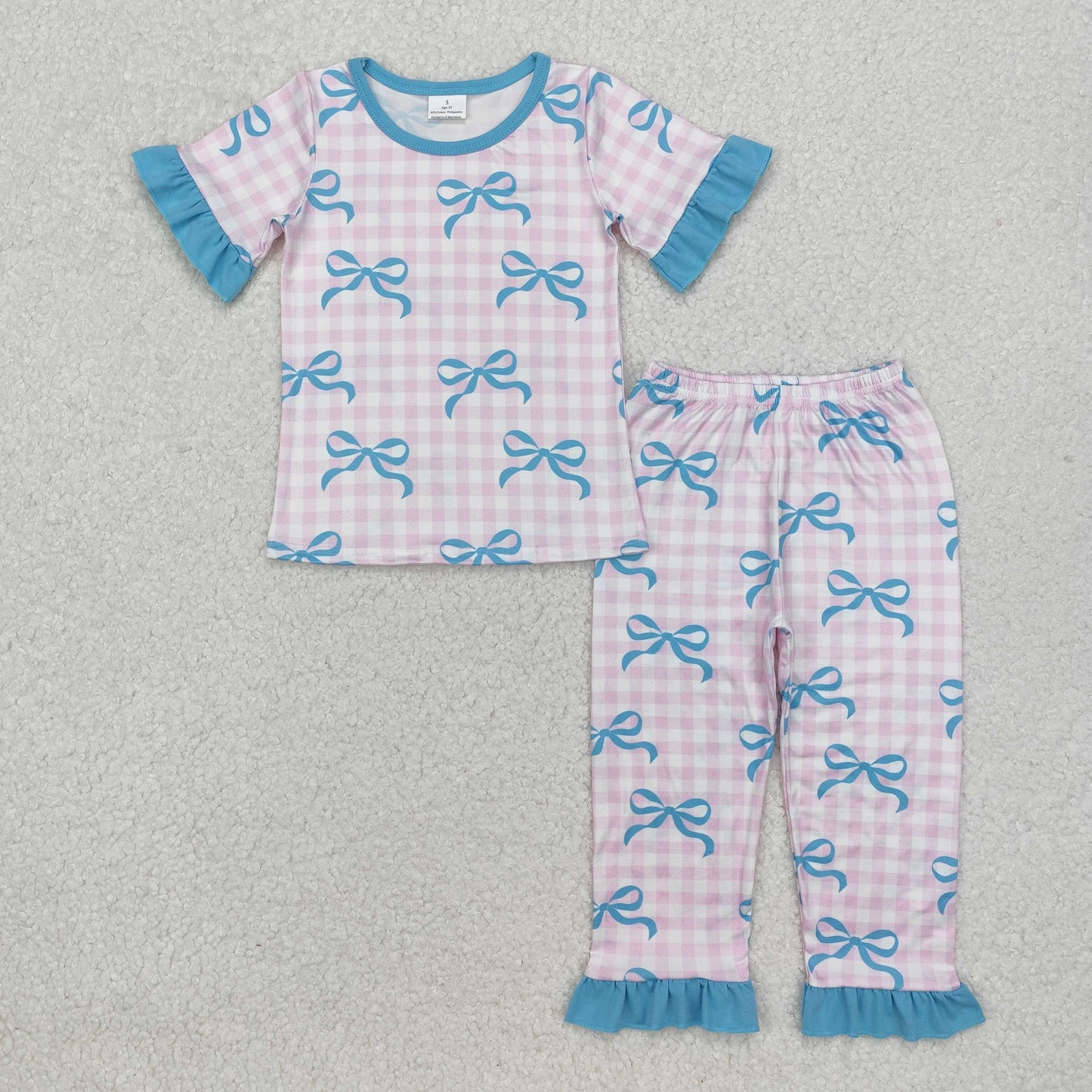 Toddle baby girls blue bow pink plaid short sleeve outfit