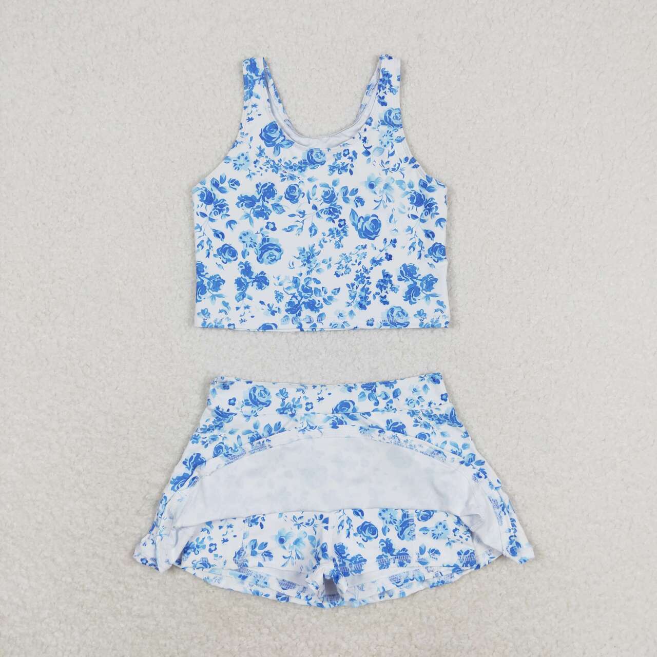 blue floral girls summer swimming suit outfit