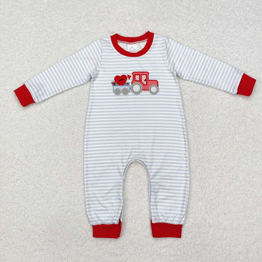 Toddle boy Valentines embroidery truck grey stripes baby romper