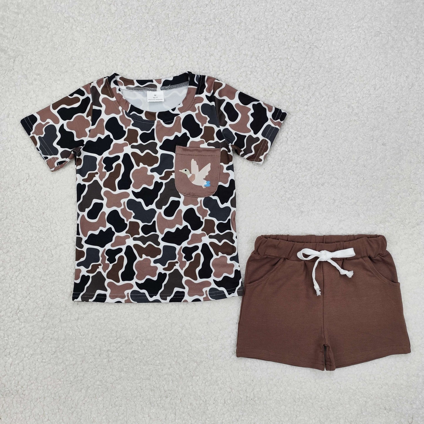 Mallard duck camo pocket top brown shorts boy summer outfit