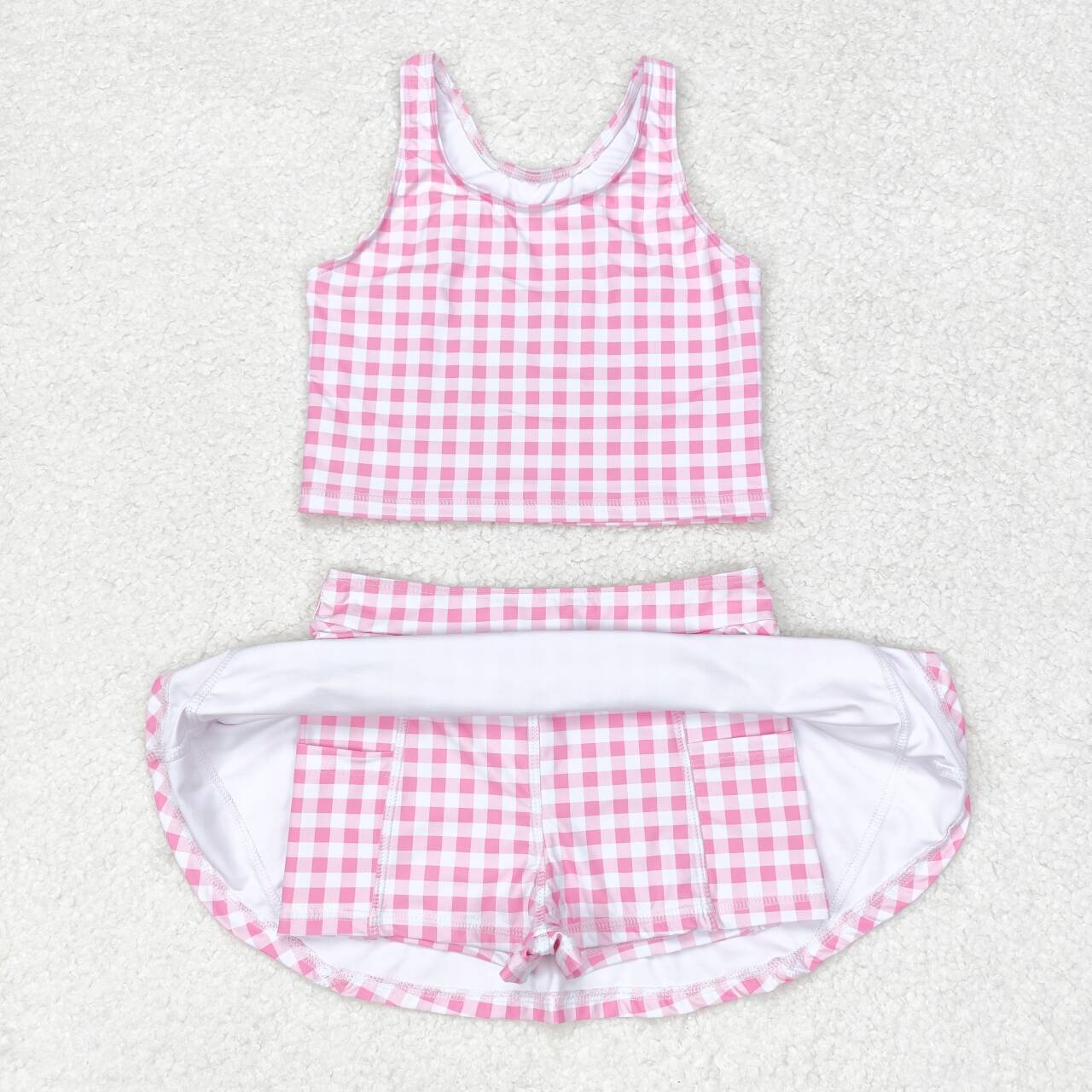 pink gingham girls summer skirt outfit