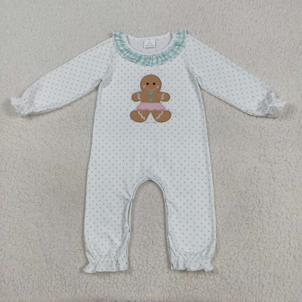 Embroidery Christmas gingerbread dots design long sleeve romper