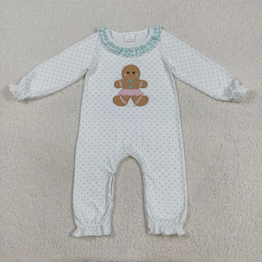 Embroidery Christmas gingerbread dots design long sleeve romper