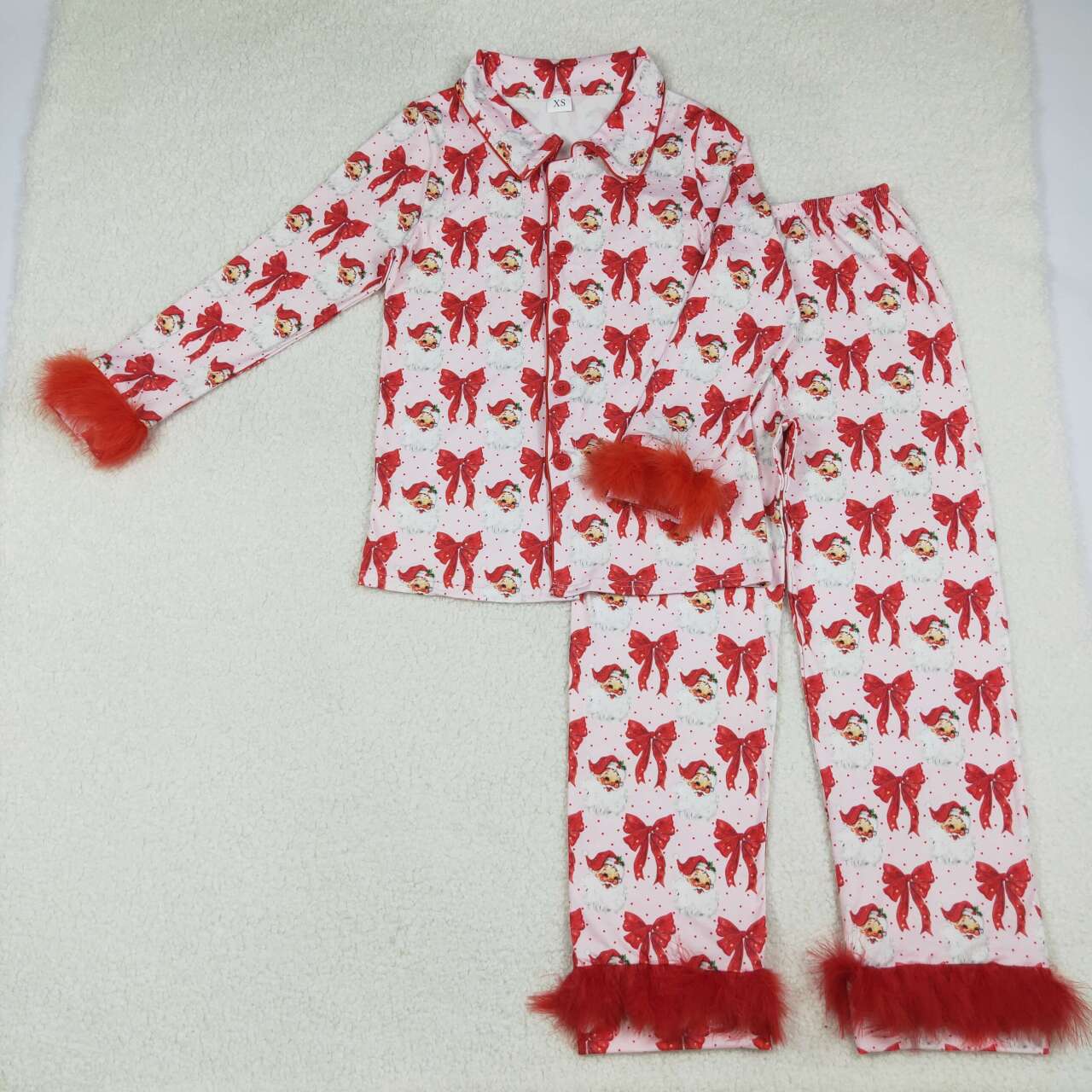 Adult women Christmas santa claus red bow long sleeve pajama set