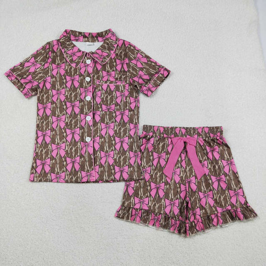 Adult women pink bow camo design short sleeve pajama set