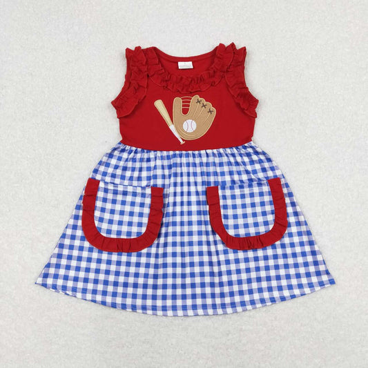 toddle  girls embroidery  baseball blue gingham dress