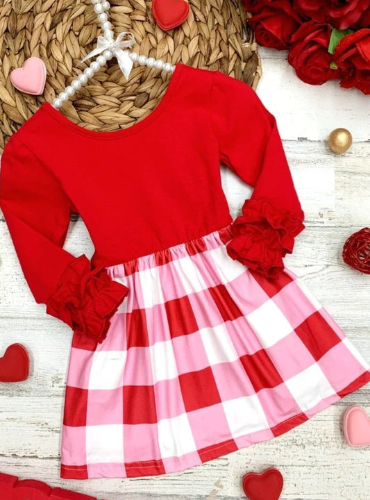 baby girls red plaid Valentines day dress