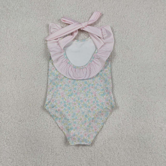 One piece pink blue floral bathing suit kids swimwear