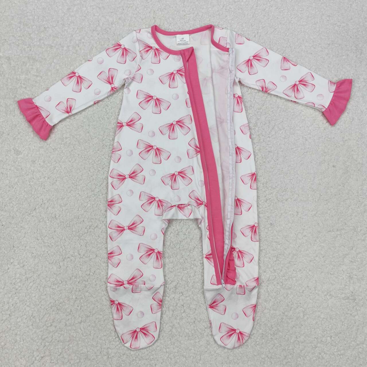 baby girls pink bow long sleeve footie romper