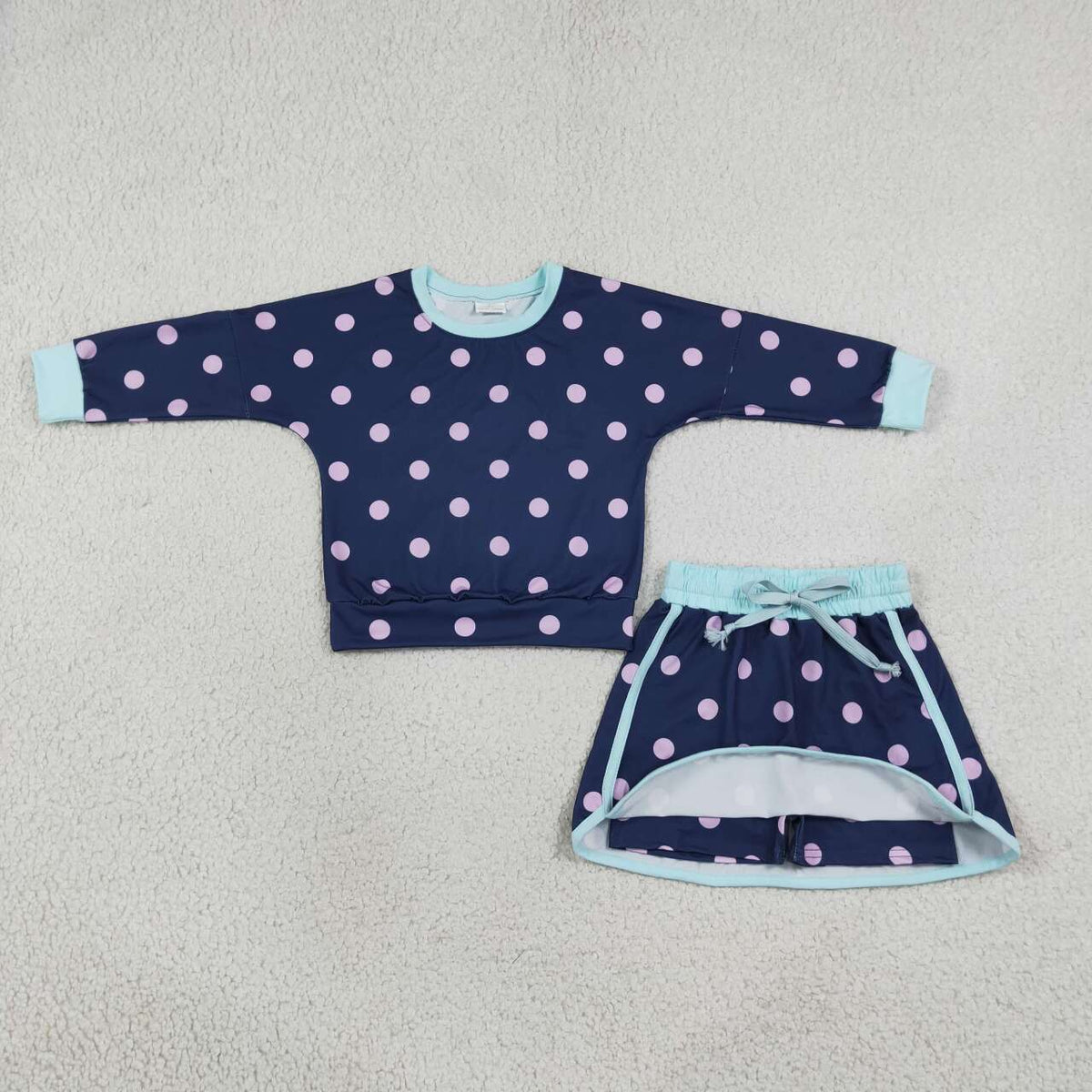 Navy color polka dots long sleeve top matching shorts girls outfit