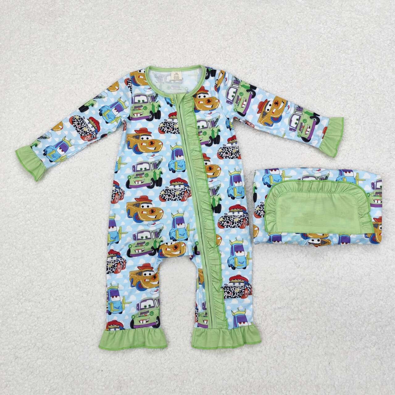 Infant baby girls cartoon car bamboo zip romper