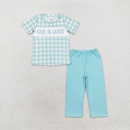 God is good  blue plaid boy boutique clothes