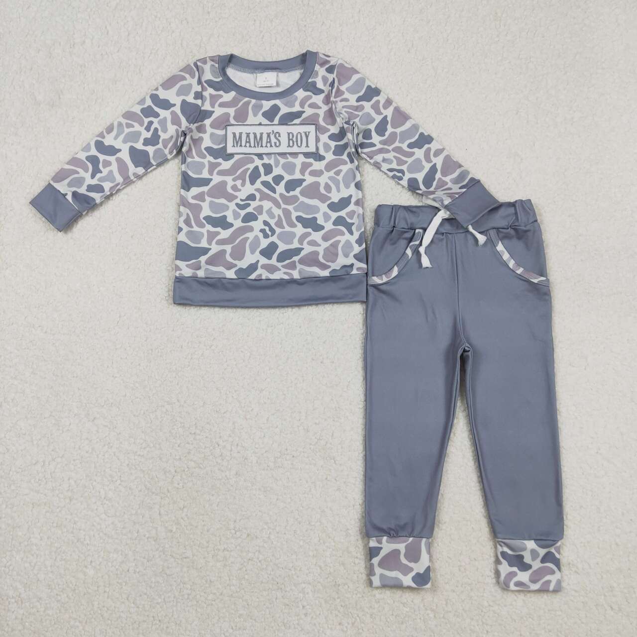 Embroidery mamas boy light grey camo top matching pants outfit