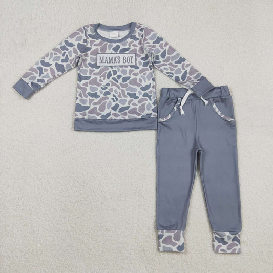 Embroidery mamas boy light grey camo top matching pants outfit
