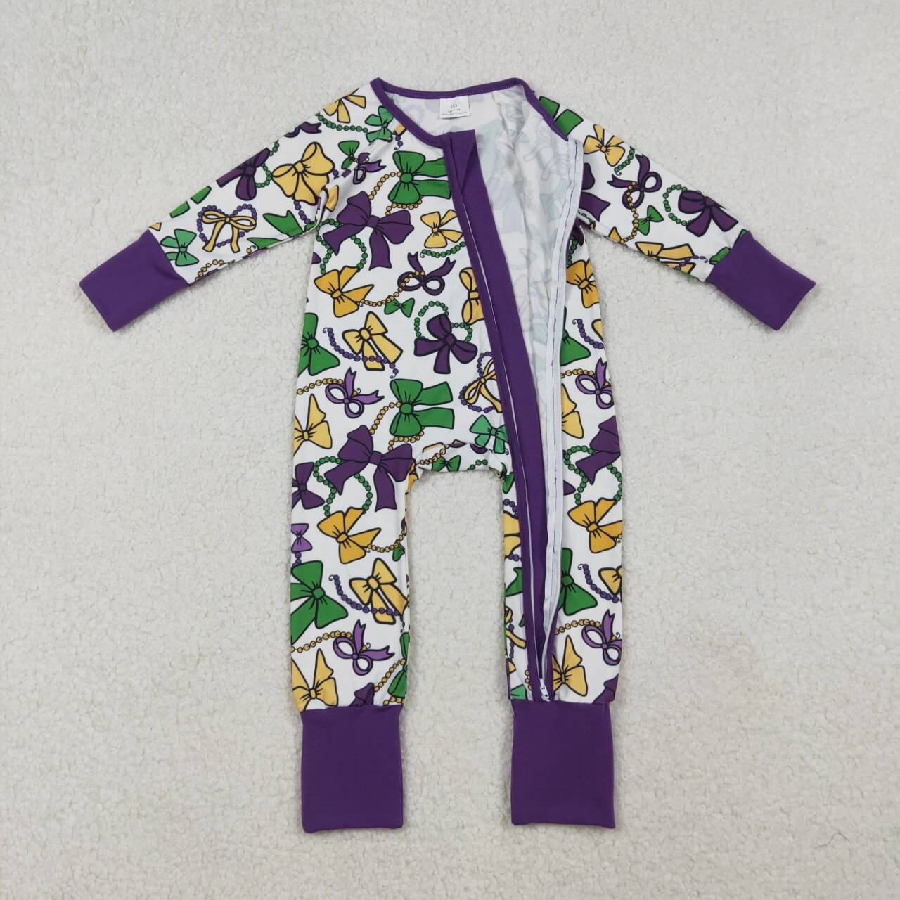 Mardi Gras bow toddle baby long sleeve romper