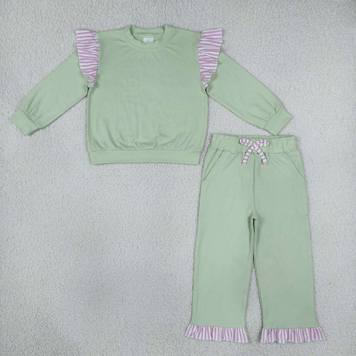 Pea Green color long sleeve top matching pants girls spring fall outfit
