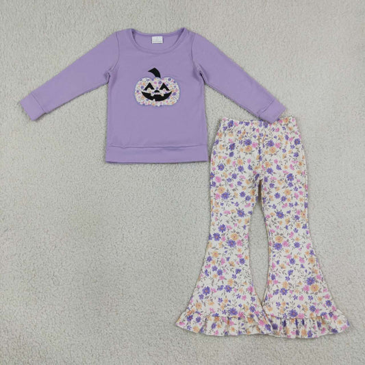 Halloween embroidery pumpkin top matching pants girls wholesale factory price outfit
