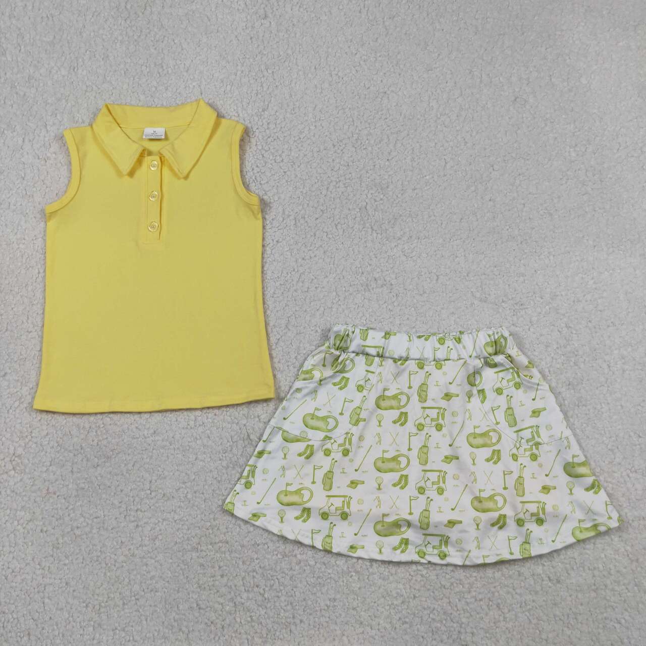 Yellow polo shirt gold shorts kids girls summer outfit