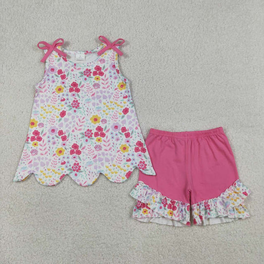 Pink yellow flowers top matching shorts girls summer outfit