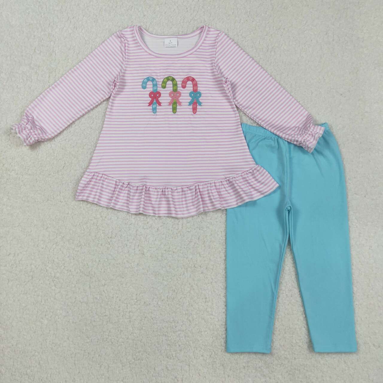 Christmas embroidery candy cane girls long sleeve outfit