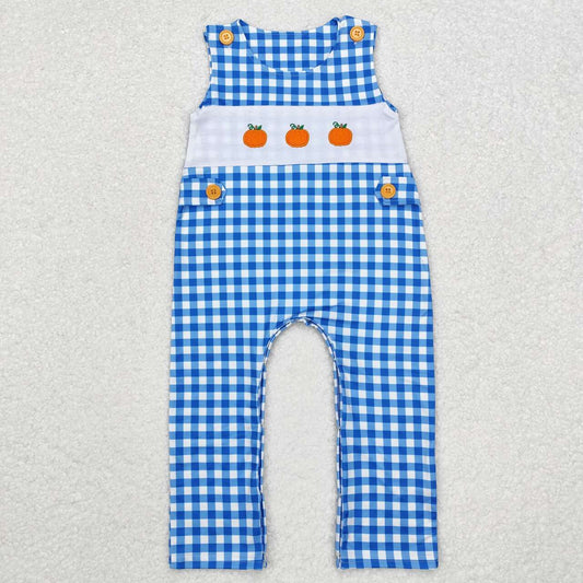 Embroidery Pumpkin blue plaid romper