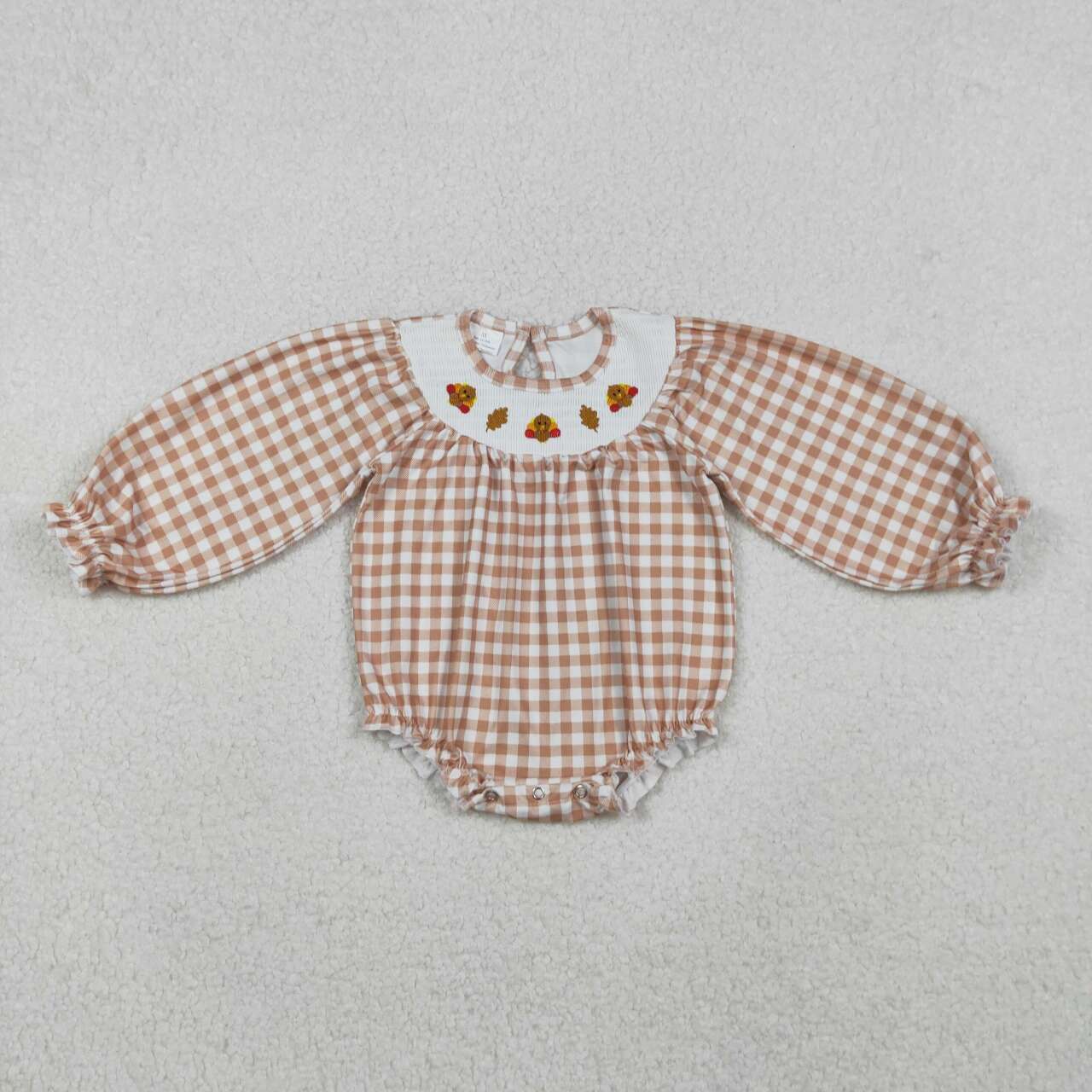 Thanksgiving embroidery turkey khaki plaid long sleeve romper