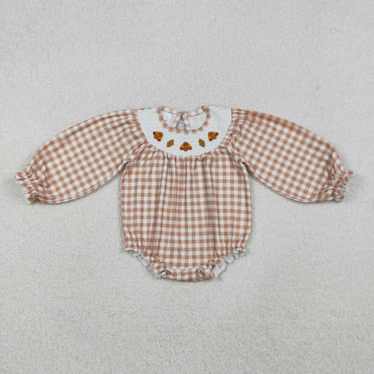 Thanksgiving embroidery turkey khaki plaid long sleeve romper