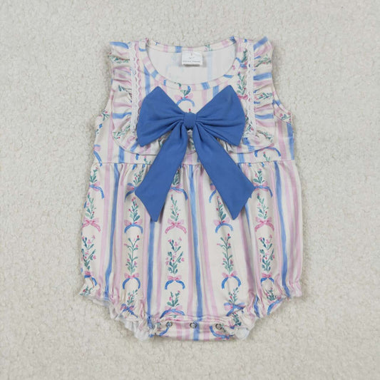 Pink blue bow girls summer romper