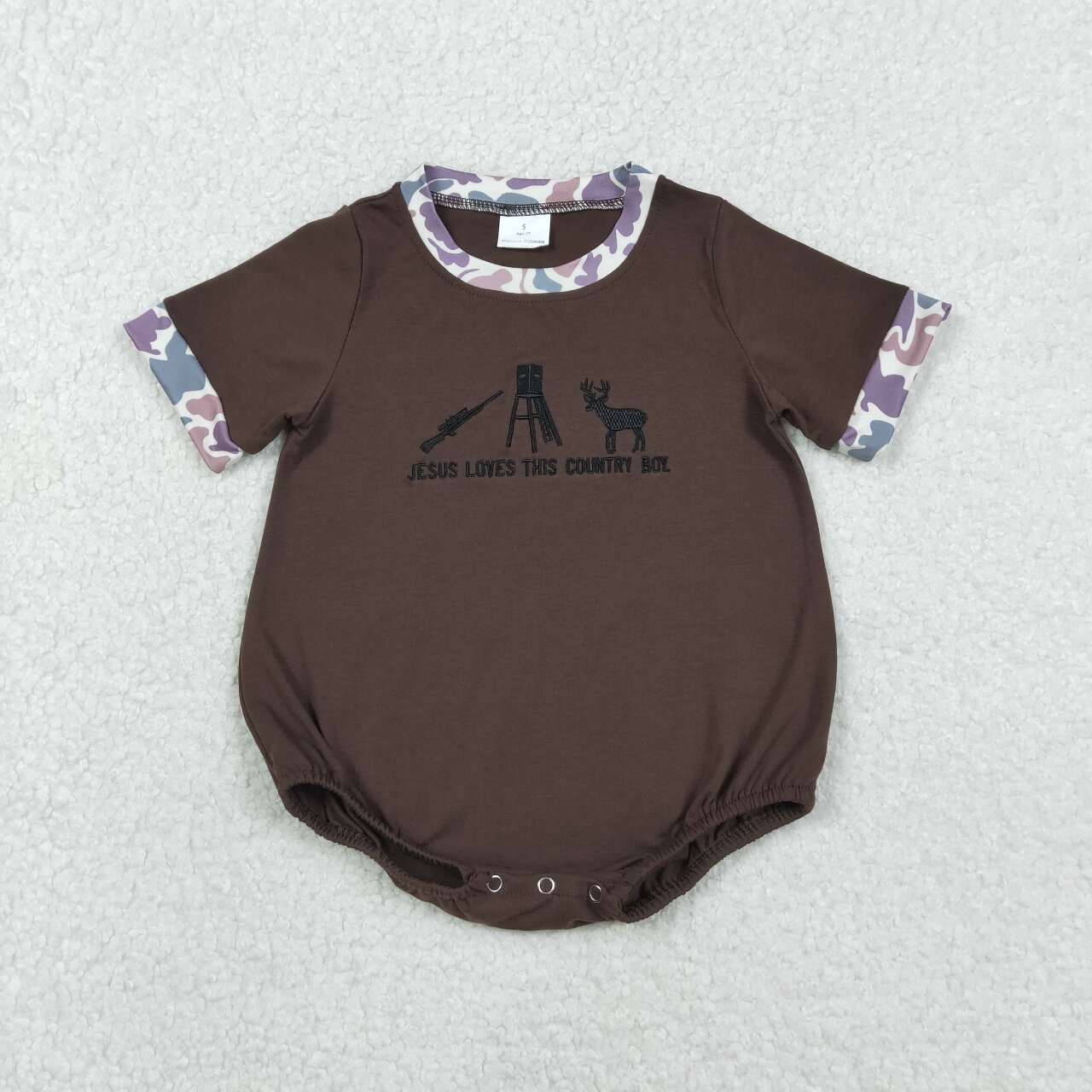 Gone hunting embroidery design boys short sleeve romper