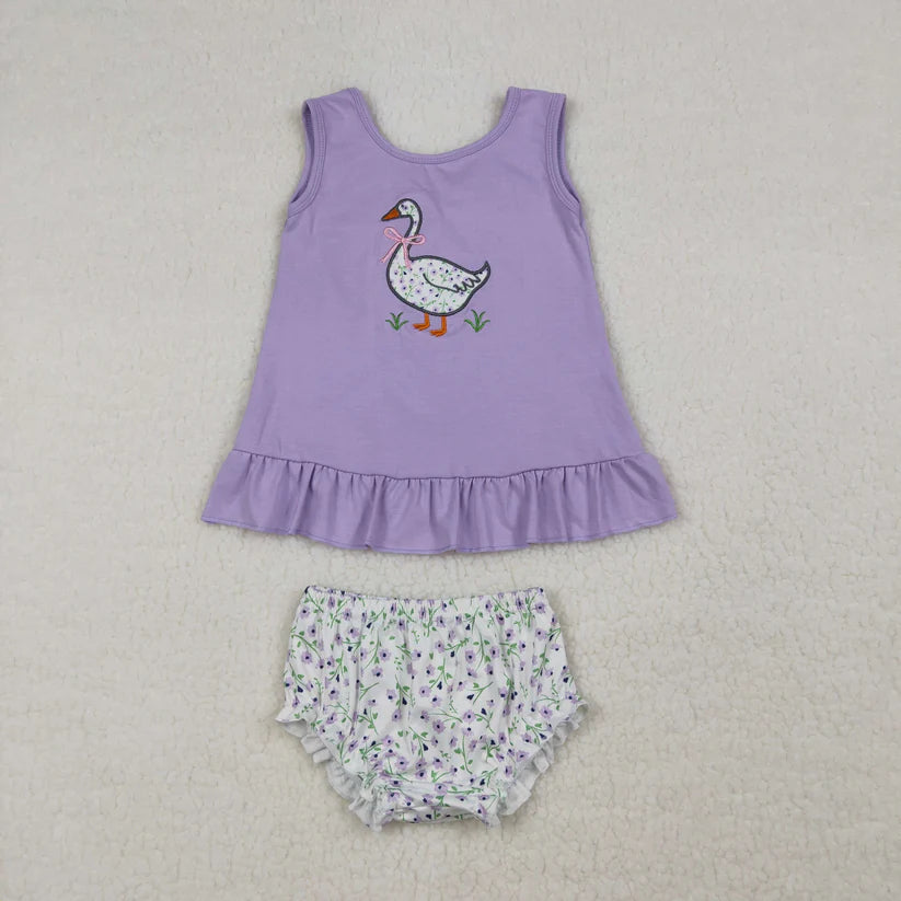 Pink bow embroidery goose girls summer bummies outfit