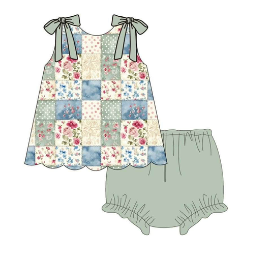Pink blue floral design girls summer bummies outfit preorder
