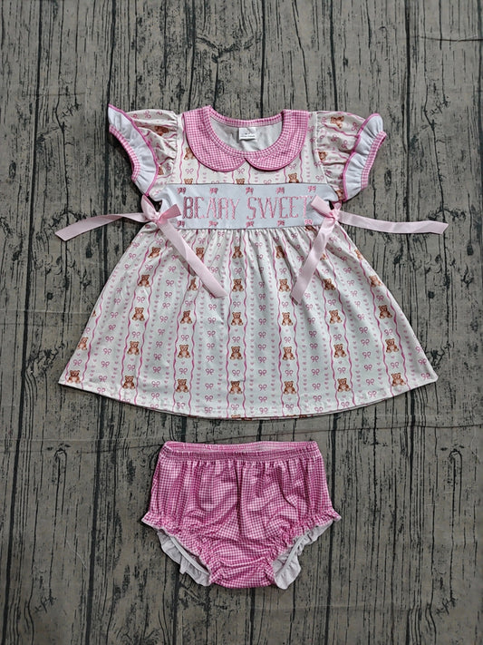 Beary sweet embroidery design girls summer bummies outfit preorder