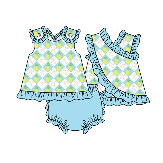 Pink bow lemon design girls summer bummies outfit preorder