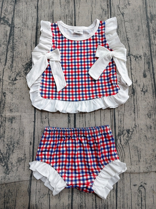 July 4th red blue plaid design girls summer bummies outfit preorder