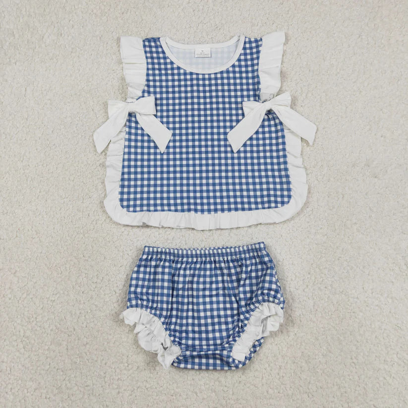 July 4th red blue plaid design girls summer bummies outfit