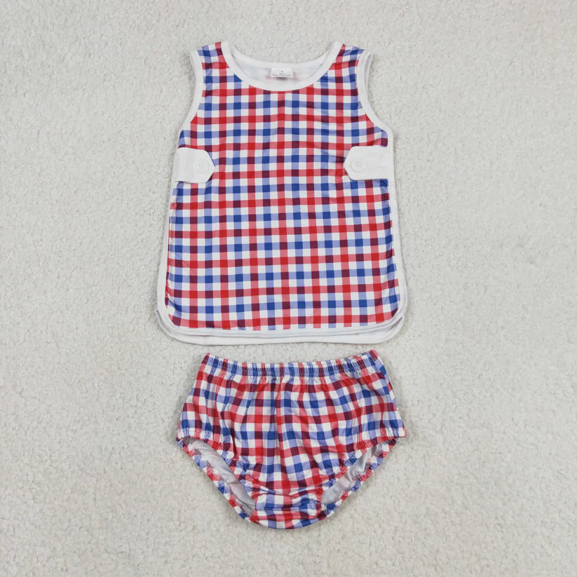 July 4th red blue plaid design girls summer bummies outfit