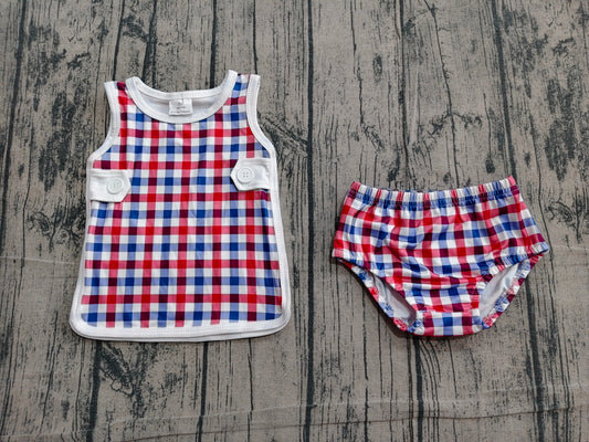 July 4th red blue plaid style boys summer bummies outfit preorder
