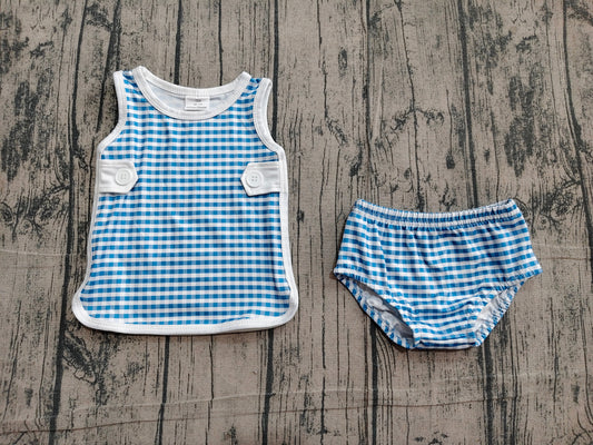 White tank top blue plaid boys summer bummies outfit preorder