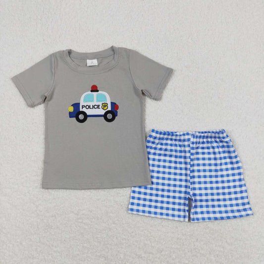 boy police car shirt blue gingham shorts outfit