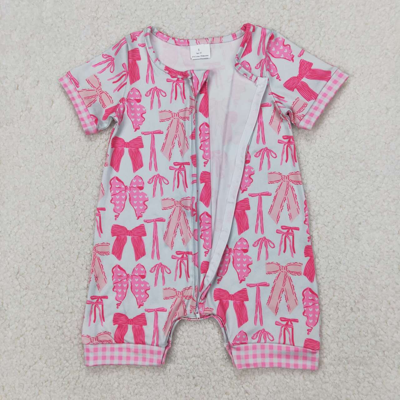 Toddle baby girl pink bow short sleeve zip romper