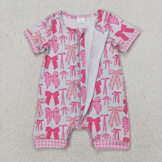 Toddle baby girl pink bow short sleeve zip romper