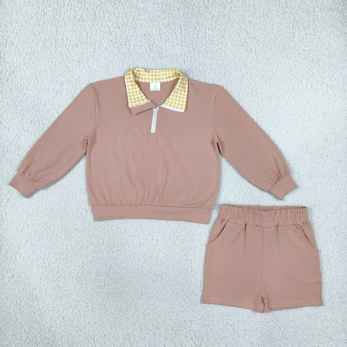 Long sleeve brown pullover top matching shorts girls clothes