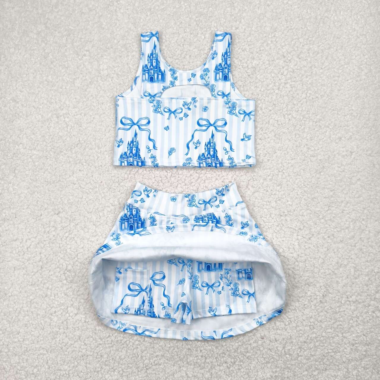 Baby girls blue bow castle active wear athletic summer yoga 2pcs outfit