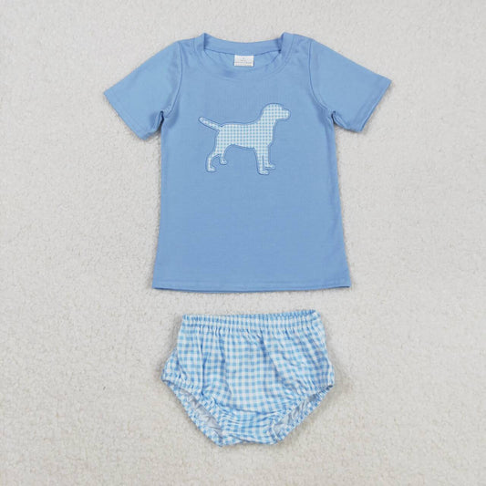 baby boy embroidery plaid dog design bummies outfit