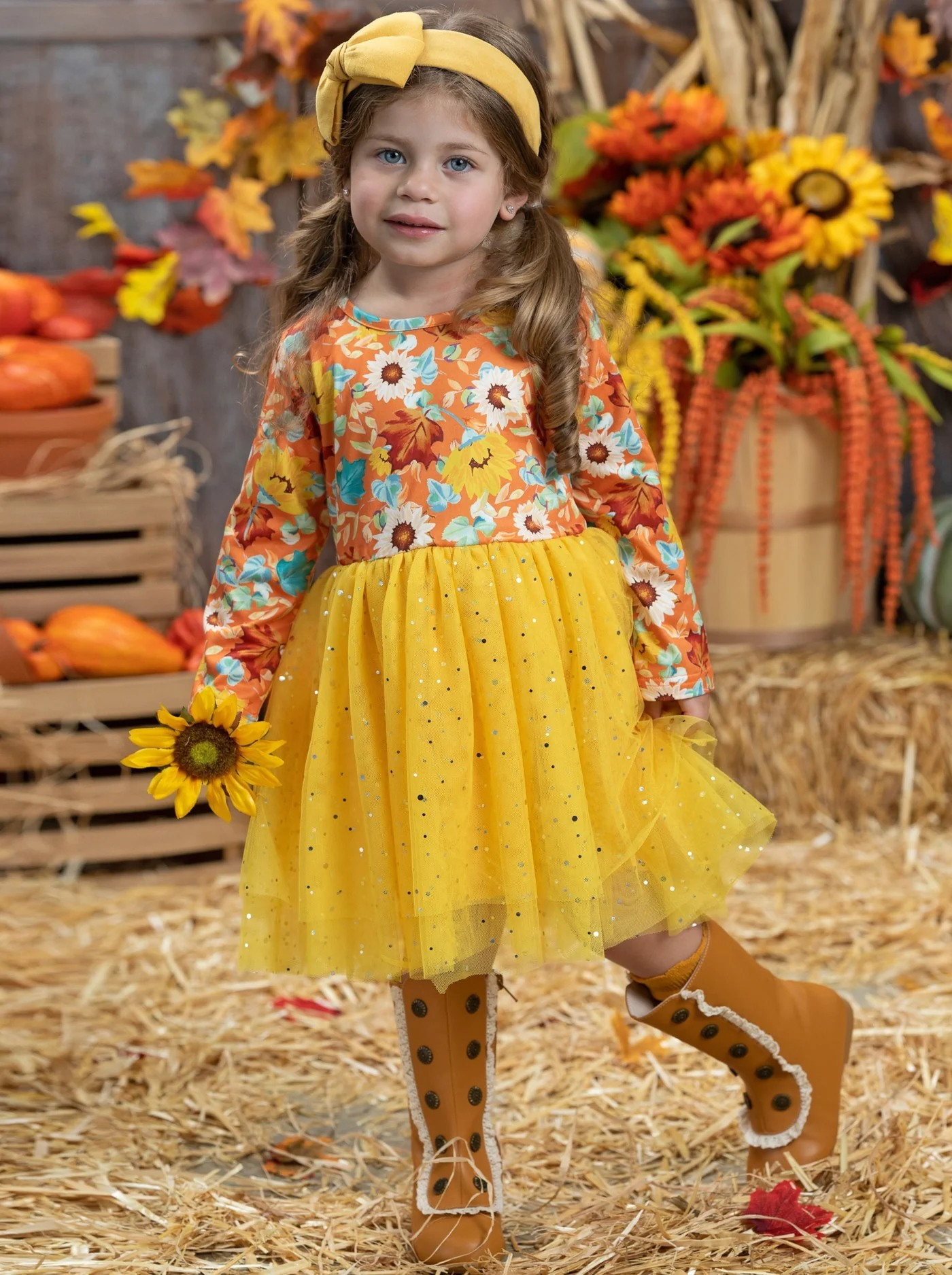 Pre-order  girls long sleeve fall leaves tulle dress