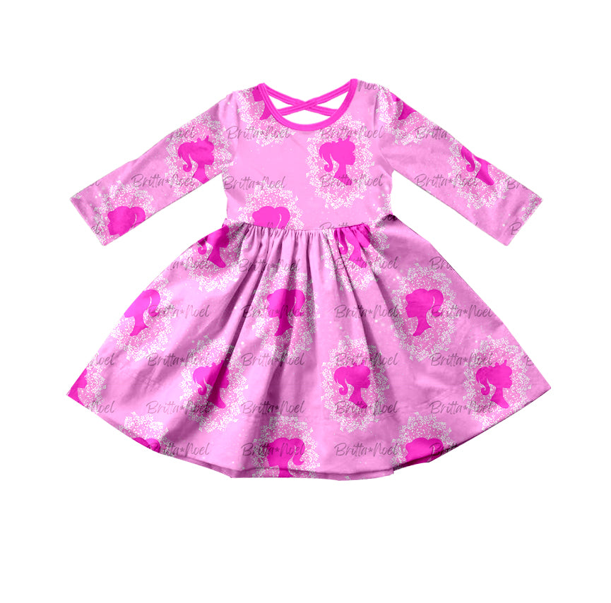 Girls pink doll design long sleeve boutique dress preorder