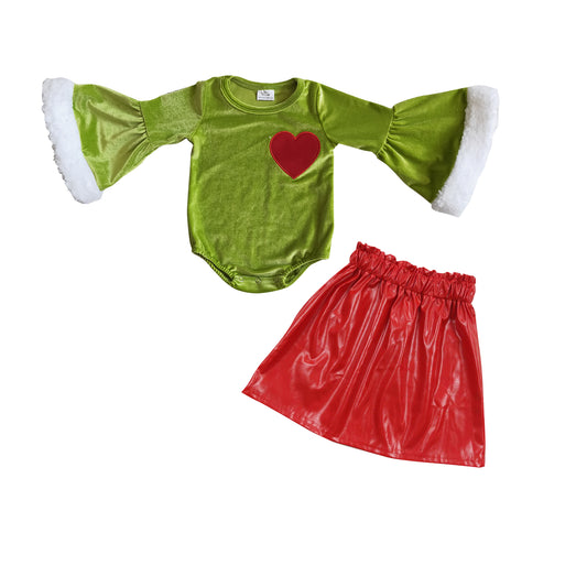 girls long sleeve velvet leotards romper p-leather skirt 2pcs Christmas outfit