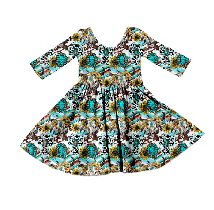 turquoise sunflower long sleeve western dress preorder