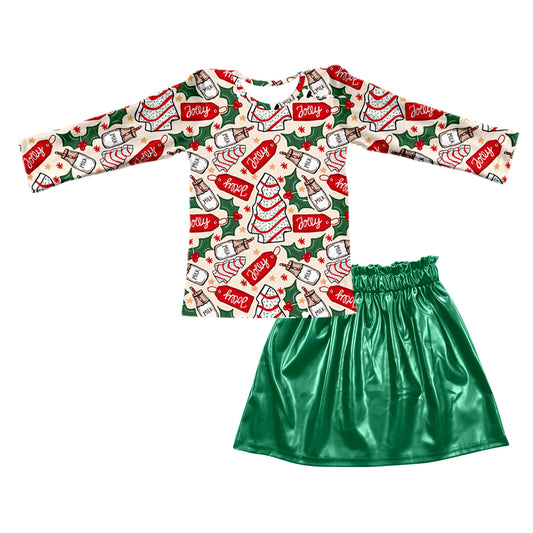 Christmas tree milk fruit print top green skirt 2pcs Christmas outfit